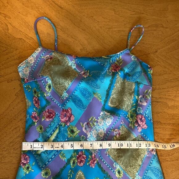 Vintage My Michelle Blue & Green Patchwork Handkerchief Midi Dress Size 9 - Picture 9 of 12